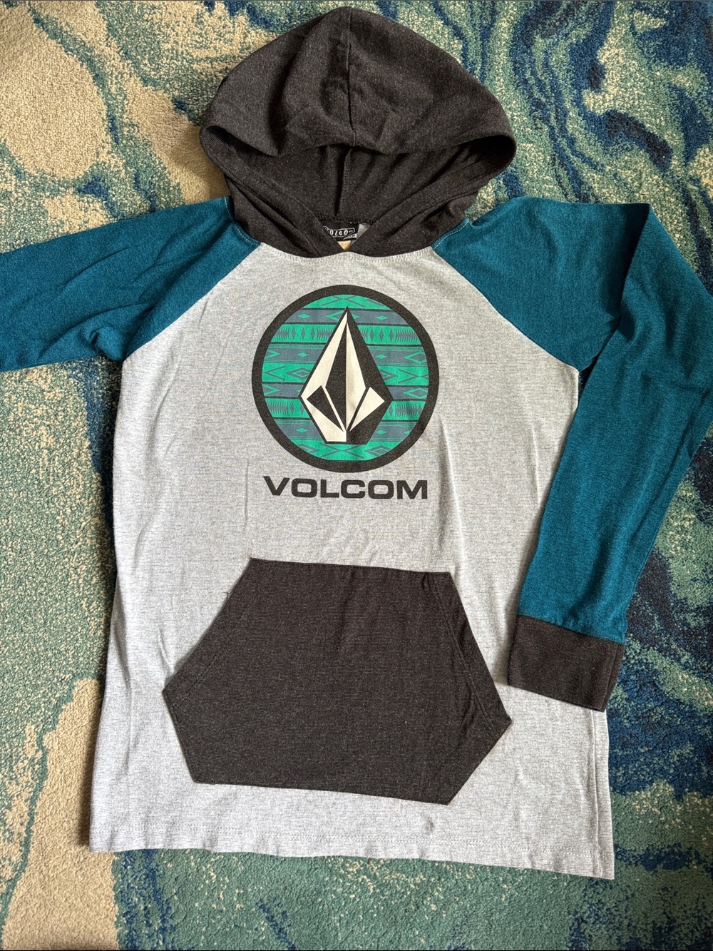 Vintage Volcom Boys' Medium Teal & Gray Hooded Graphic Pullover